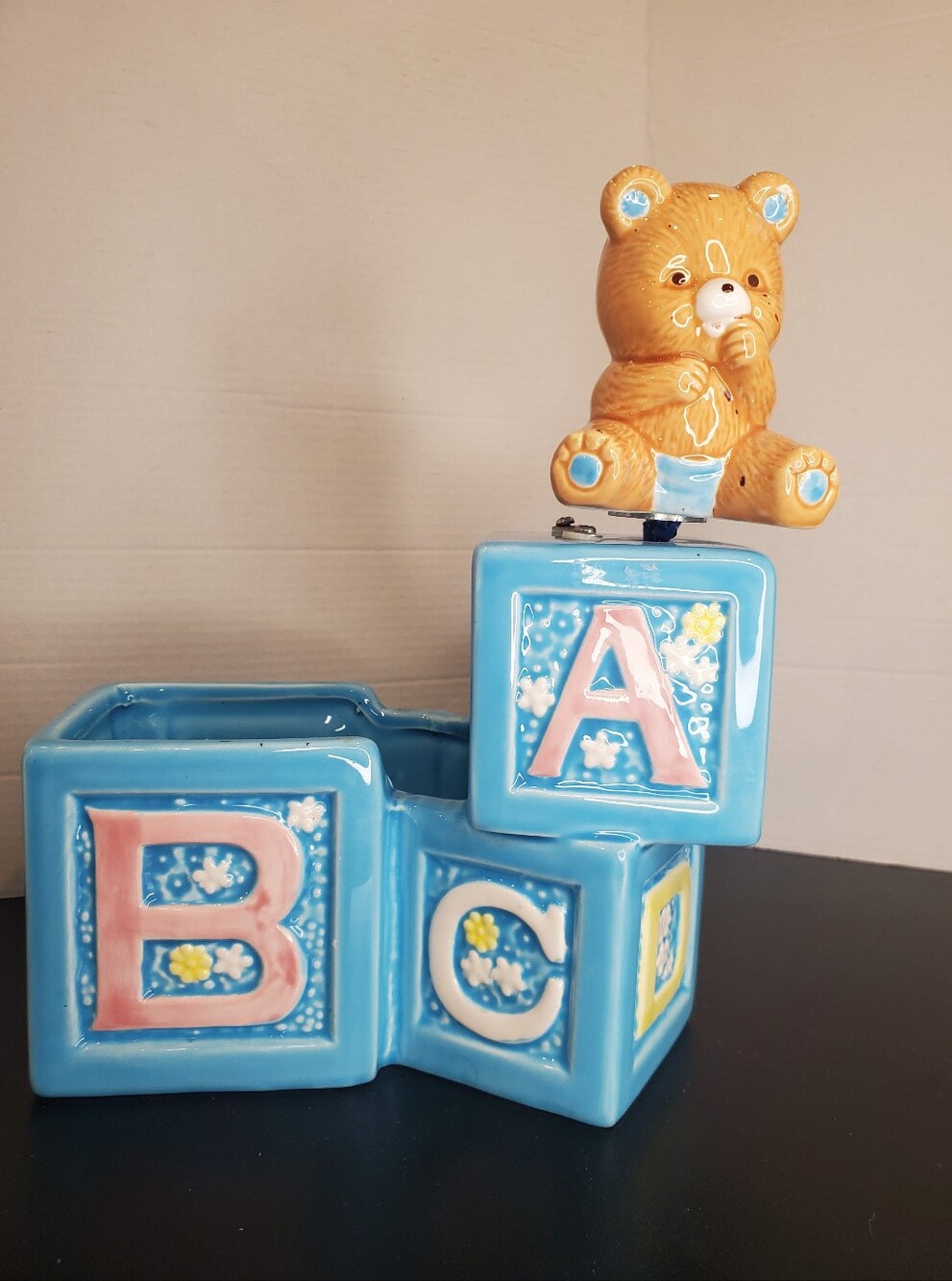 Vintage Ceramic ABC Block Bear Music Box, Knick Knack Holder Or Planter Blue